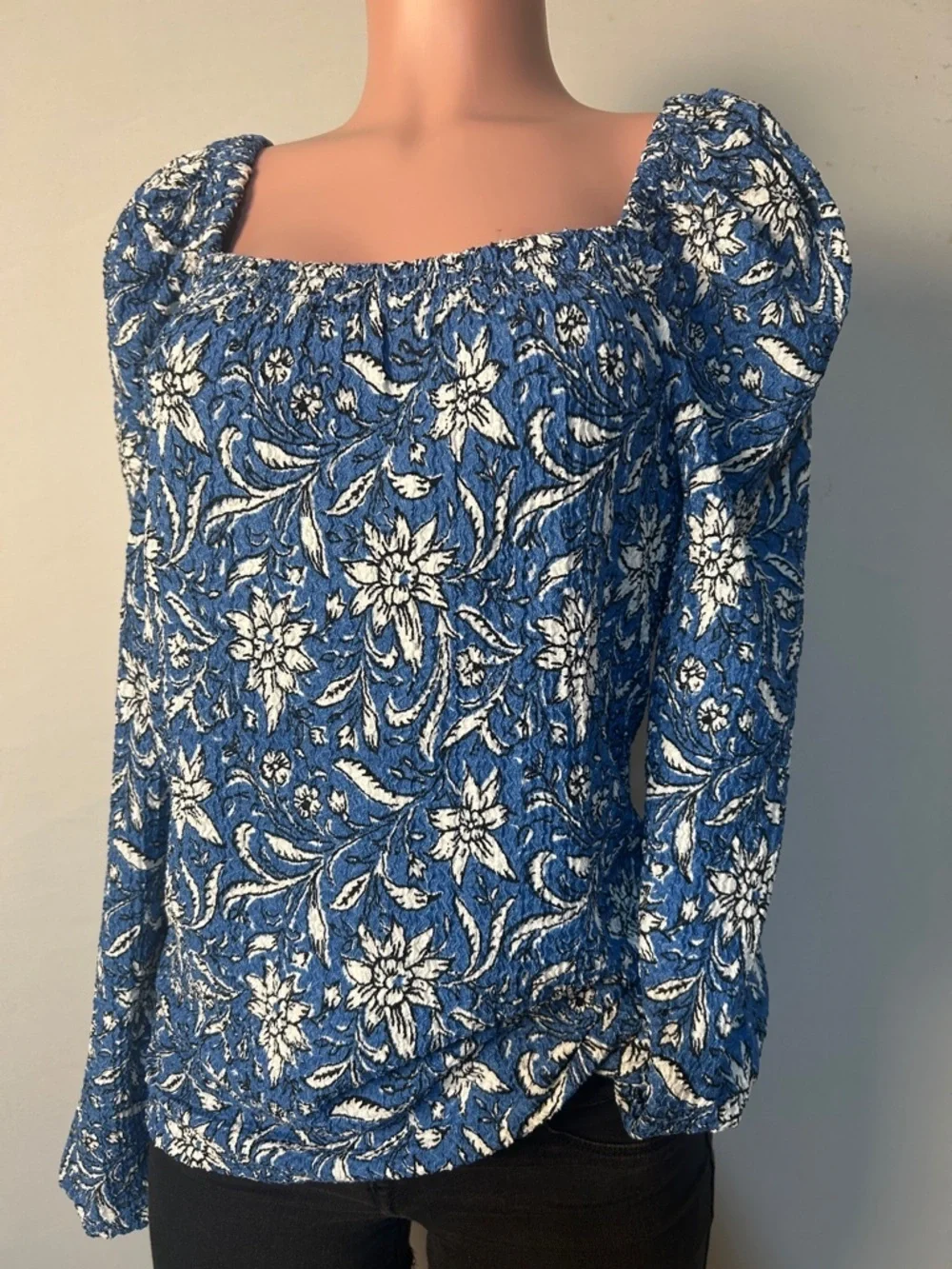 LOFT Women’s Floral Puff Long Sleeve Blouse Textured Top Square Neck Size L NWT